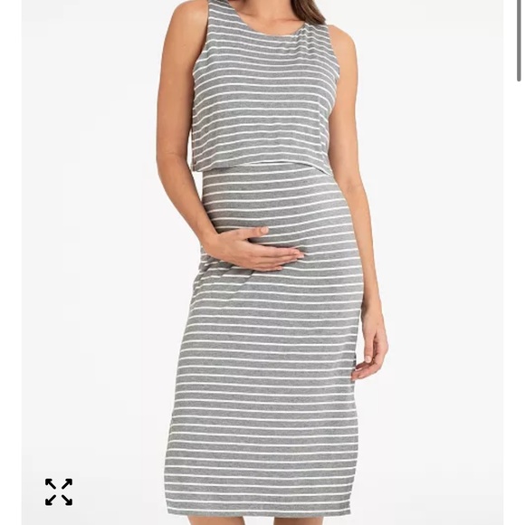 Seraphine Maternity Nursing Dress Midi Length Jersey Knit Stretch Grey Stripe - Picture 1 of 16